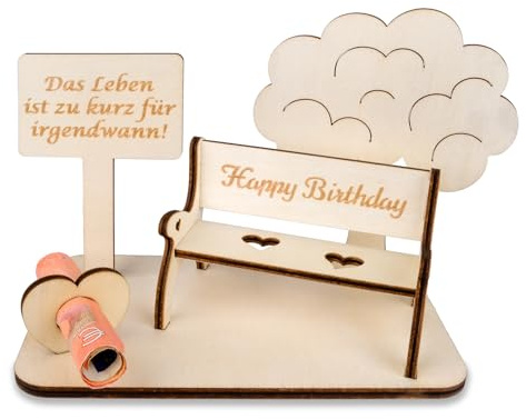 HOLDLEAF Geldgeschenk Geburtstag Holz, DIY Dreidimensionale Bäume Sitzbank Geburtstag Dekoration Sparbüchsen, Holz-Schild Gästebuch, Jubiläum Deko für Frauen & Männer