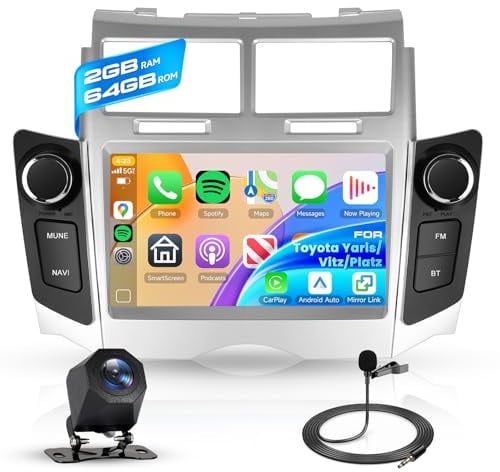Hodozzy 2GB+64GB Android Autoradio pour Toyota Yaris/Vitz/Platz 2005-2011 Carplay sans Fil Android Auto, Écran Tactile 7 Pouces, GPS, WiFi,Bluetooth, FM/RDS Radio 2 Din pour Toyota Yaris + Caméra