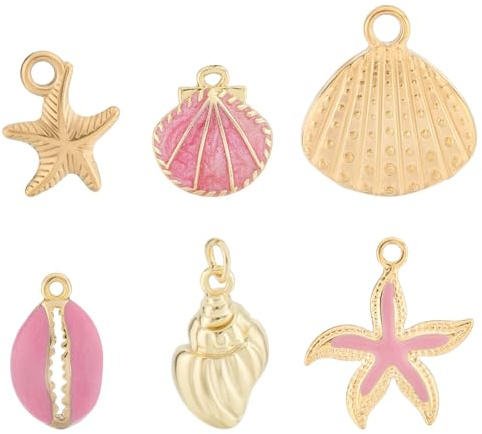 Beebeecraft 12 pz 6 Stili Ciondoli A Forma di Stella Marina Forme Miste Rosa 18K Placcato Oro Ottone Piccola Conchiglia Oceano Mare Animale Ciondoli per Creazione di Gioielli Collane Bracciali