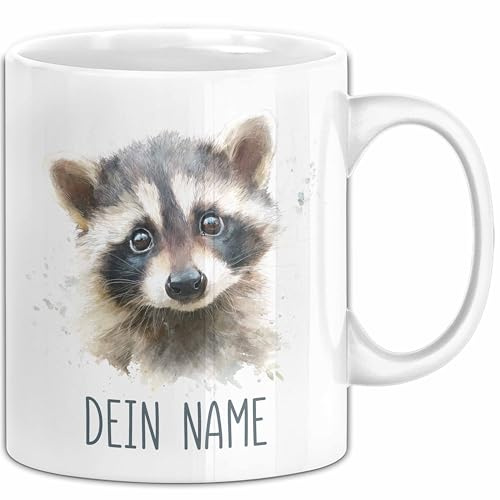 Waschbär Tasse mit Namen – Personalisierte Kaffeebecher Geschenk Tiermotiv Junge Mädchen Becher mit Namen (Weiß)