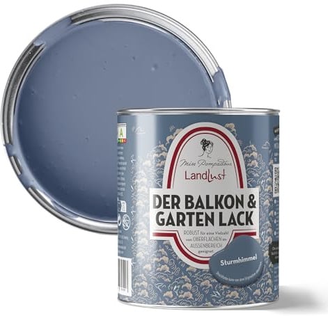MissPompadour Balkon & Garten Außenlack Sturmhimmel Blau 1 L | Wasserbasiert, seidenmatt, Holzlack mit UV Schutz, für Holz, Metall, Hart PVC, Fliesen und steinartige Untergründe