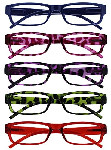 The Reading Glasses Company OPULIZE ACE Lesebrille für Damen und Herren - 5er-Pack - Schmaler Rechteckiger Rahmen - Komfort Federscharniere - Kratzfest - Blau Rosa Lila Grün Schildpatt Rot +2.00