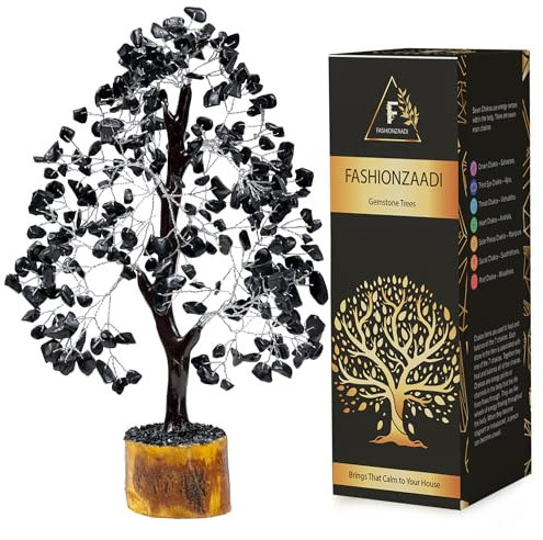 FASHIONZAADI Black Tourmaline Feng Shui Bonsai Chakra Tree Healing Crystals Gemstone Trees Reiki Stones Good Luck Home Office Décor Health Prosperity Size 10-12 inch (Silver Wire)