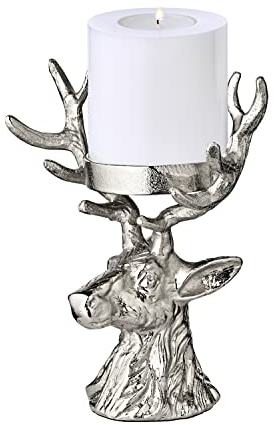EDZARD Kerzenleuchter Hirsch (Ø 6 cm, H 20 cm) in Silber-Optik - Kerzenhalter, Kerzenständer für Stumpenkerzen - Deko Kerzen, Tischdeko, Silber Deko für Kerzen in Rentierfigur mit Samtfuß