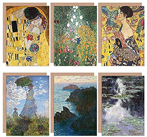 Artery8 Monet Klimt Water Lilies Kiss Flower Garden Rocks Mixed Fine Art Greeting Card Pack of 6