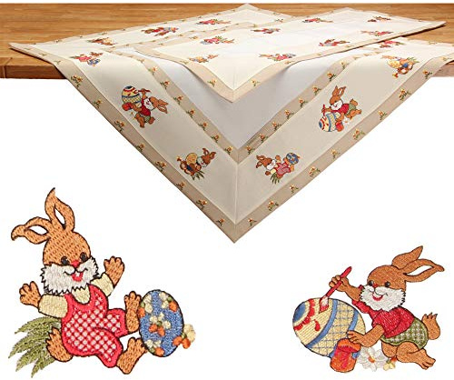 Quinnyshop Stickerei Osterhasen Tischläufer ca. 40 x 110 cm Eckig, Polyester Beige Natur