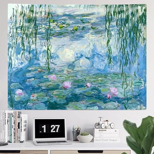 IcosaMro Lotus Tapisserie, Wandbehang, Monet, Seerosen, Blumen, florale Wandkunst mit gesäumten Kanten, Wanddecke, Heimdekoration für Schlafzimmer, Studentenwohnheim, Blau, 152,4 x 203,9 cm