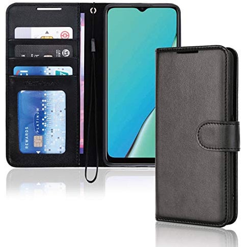 TECHGEAR Leather Wallet Case for Oppo A9 2020 / A5 2020, Flip Protective Case Cover with Wallet Card Holder, Stand & Wrist Strap - Black PU Leather with Magnetic Closure Designed For Oppo A9 / A5 2020