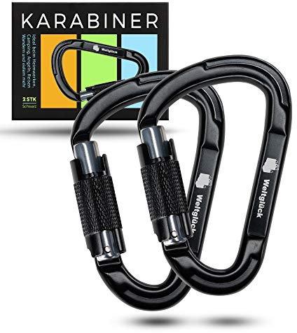Weltglück® Karabiner Set in schwarz - 2500kg Belastbarkeit für unschlagbare Sicherheit - hochwertig, langlebig & robust - ideal zur Befestigung von Wertgegenständen - inkl. 2er Pack
