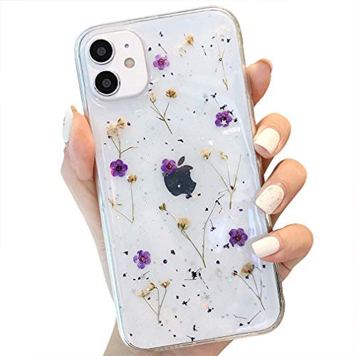 Tybiky Handyhülle iPhone 12 Mini hülle Echte Blumen weiche Silikonhülle mit handgefertigten getrockneten Blumen, Transparente Ultra-dünne unsterbliche für iPhone 12 Mini., zerkleinerte Blume lila