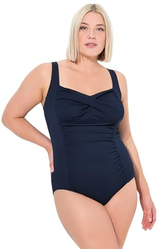 Ulla Popken Damen große Größen Übergrößen Plus Size Badeanzug, Drapierung, feine Struktur, Softcups Marine 46 791023132-46