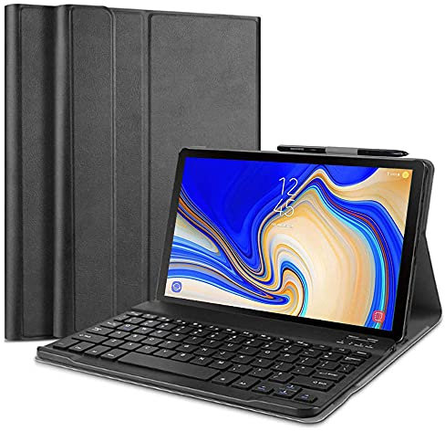 QYiiD Funda con Teclado para Galaxy Tab A 10.5 (SM-T590 / T595 / T597), Funda de Cuero Ultra Delgada con QWERTY Teclado Bluetooth Inalámbrico para Galaxy Tab A 10.5 (2018 Release), Negro