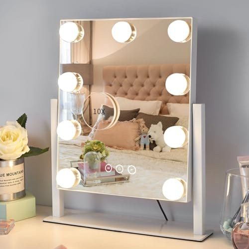 Kotdning Vanity Mirror with Lights,Lighted Vanity Mirror with 9 Dimmable Bulbs for Dressing Room & Bedroom,3 Color Lighting,Modes Detachable 10x Magnification 360°Ratation(White) 12 L x 14.4 W