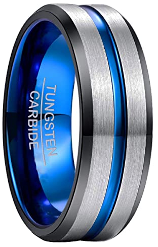 NUNCAD Wolfram Ring Herren Silber Blau Unisex Partnerring 8mm Schmuck Ring für Hochzeit Verlobung Größe 62