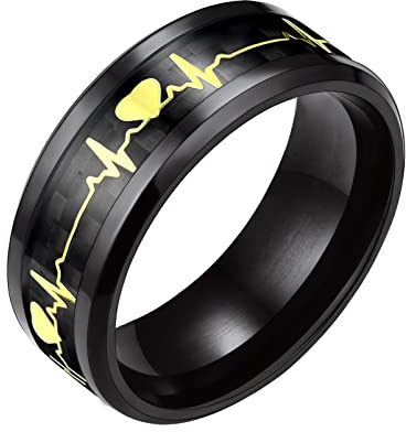 PROSTEEL Herren hochglanzpoliert Kohlefaser Ring mit EKG Herzschlag Schwarz Größe 62 Hochzeit Verlobung Bandring 8mm breit Partnerring Trauring Modeschmuck Accessoire für Geburtstag