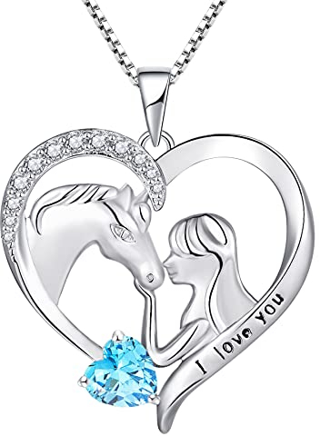 YL Collana di Cavallo in Argento 925 con Marzo Pietra Portafortuna Acquamarina Gioielli Cuore Ciondolo a Forma di Cavallo per Donna Fidanzata