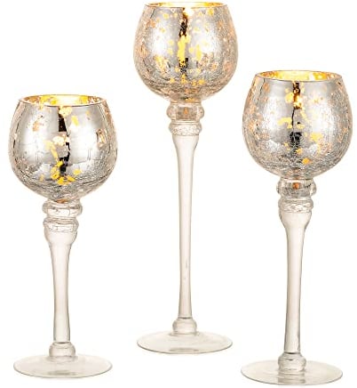 Inweder Tea Light Holders Glass - 3Pcs Mercury Glass Tealight Holders Silver Candle Holders for Christmas Wedding Home Decor Candlestick Holder Tea Light Candle Holder Fit Pillar and Floating Candles