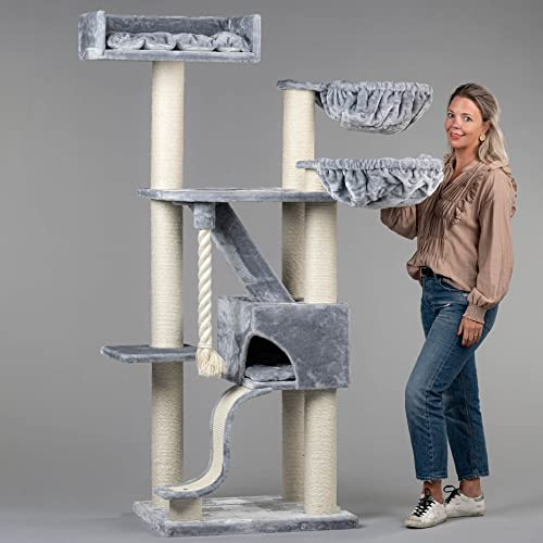 RHRQuality Cat Tree for Large Cats - Kilimanjaro Deluxe Plus – 195 cm High – With 12 cm Sisal Posts & Luxury Lying Area – Light Gray