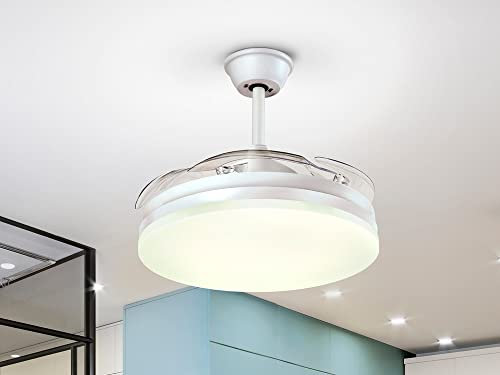 Vento 6 Speed Ceiling Fan Retractable Blades Matt White Integrated LED Light, Remote Control, Timer & Reversible Functions