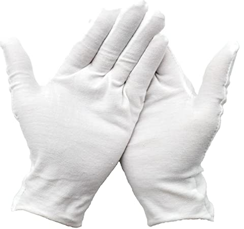 White Cotton Gloves 12 PCS for Eczema Dry Hands Overnight moisturizing Moisture Gloves Washable Silvery Jewelry Inspection Waiters Glove Size Medium/Large/XL inspecting Cosplay Show Lotion spa Gloves