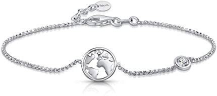 Amberta Damen 925 Sterling Silber Reise Armband: Weltkarte Charme und Zirkonia Armband