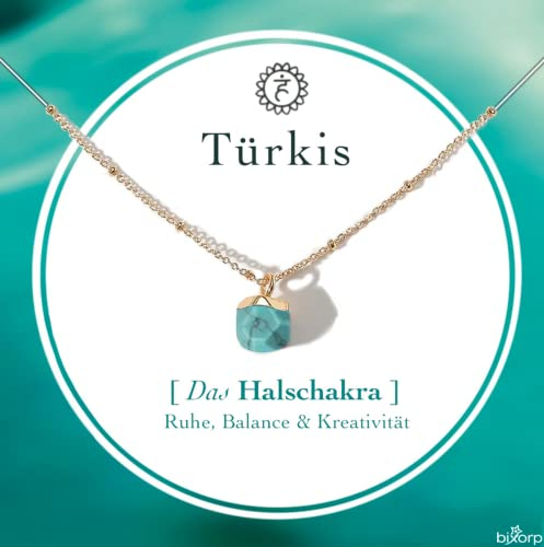Bixorp Türkis Chakra Halskette – Handgefertigter Türkis Anhänger – Vergoldete Edelstahlkette auf Geschenkkarte mit Geschenkumschlag – (36 cm + 8 cm verstellbar)