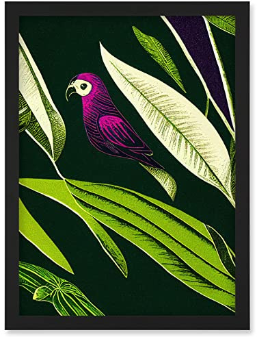 Wee Blue Coo Pink Parrot and Tropical Plant Leaves Vintage Linocut Pattern Detail Artwork Framed Wall Art Print A4