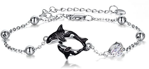 POPLYKE Killer Whale Armbänder Sterling Silber Orca Herz CZ Beaded Verstellbare Armbänder Schmuck Geschenke für Frauen
