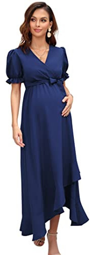 KOJOOIN Robe De Maternité pour Femme Robe d'allaitement À Col en V Robe De Maternité À Manches Courtes avec Volants Robe Florale Fleurs Bleu foncé (Manches Courtes) L