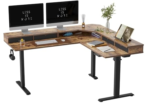 FEZIBO 160 x 60 cm L Shaped Standing Desk with 4 Drawers, Electric Standing Gaming Desk Adjustable Height, Corner Stand up Desk with Splice Board, Black Frame/Rustic Brown Top