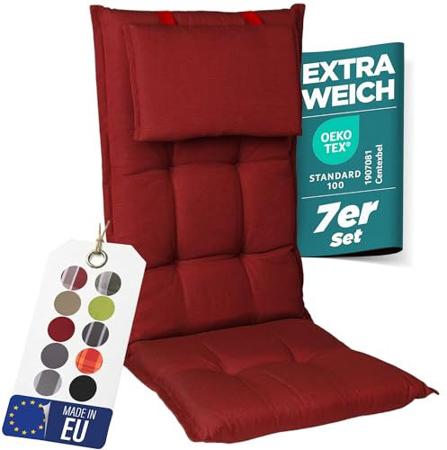 gardisun Gartenstuhlauflagen Hochlehner mit Kopfteil, 7er Set, Rot | Extra Dicke Sitzauflagen, Made in EU, Polsterauflagen für Hochlehner, Auflagen mit extra hoher Lichtechtheit