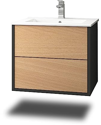 Stil.Zeit Evelia Badmöbel inkl. Waschbecken | Waschtisch mit Unterschrank 60.5 cm | Anthrazit/Dekor Buche| Push-to-Open/hängend