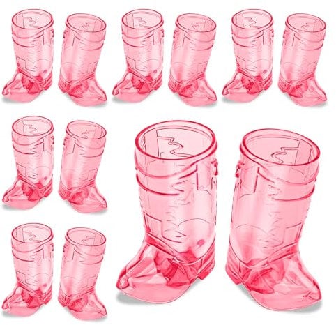 SAIAOKJ Cowboy Boot Shot Glasses, 12 Pcs 1 Oz Mini Plastic Boot Shot Glass, Reusable Plastic Boot Cups for Cowboy Cowgirl Western Theme Party Supplies Bachelorette Birthday Party Favors (Rose Red)
