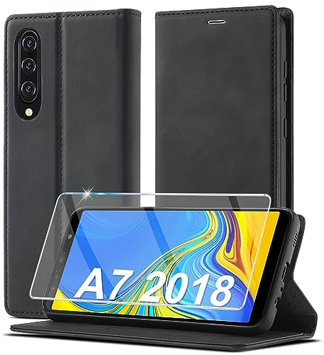 Handyhülle für Samsung Galaxy A7 2018 Hülle Leder [Mit Schutzfolie] für Samsung Galaxy A7 2018 Hülle Klappbar Leder Flip Wallet Stoßfeste Case Schutzhülle Klapphülle für Samsung A7 2018 Hülle Holster