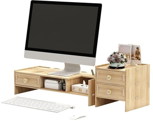 Soporte para monitor de escritorio de 2 niveles, accesorios de escritorio con 3 cajones, soporte para computadora portátil, escritorio para impresora, PC, uso doméstico y de oficina, ahorre espacio