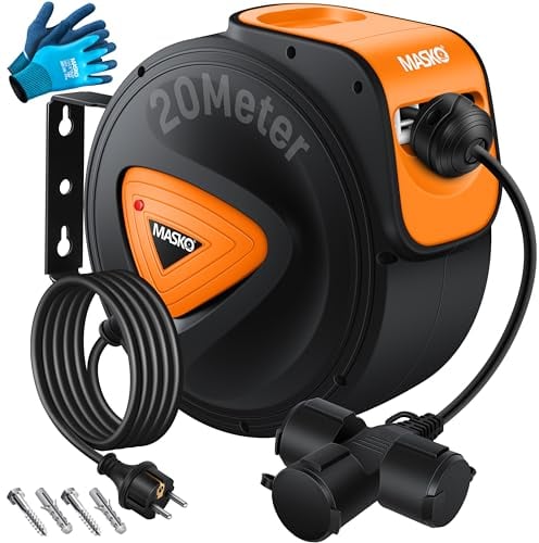 MASKO® Avvolgicavo automatico Cavo di prolunga con collegamento a 3 vie Ruotabile di 180° Cavo da 1,5 m Staffa a muro Avvolgicavo da officina Avvolgitore di corrente automatico Incl. guanti - 20 m