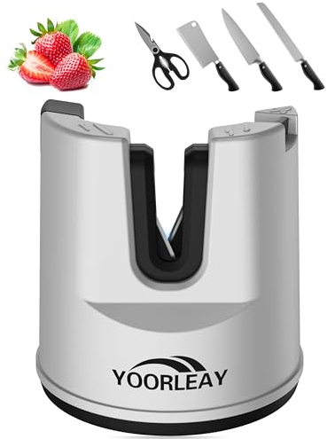 YOORLEAY Messerschärfer- Automatisch winkelverstellbarer Messerschärfer für Küchenmesser, Scheren, gerade und gezackte Messer, Multifunktional Saugnapf Gerät zum Schärfen von Messern, Silber