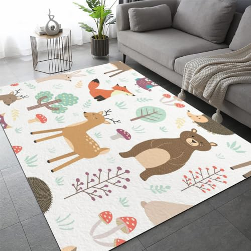 LEINEN Fuchs Teppich Kinderteppich Modern 3D Waldtiere Teppich Kinderzimmer Kurzflor Teppiche rutschfeste Spielteppiche für Schlafzimmer Wohnzimmer Zimmer 120x160 cm