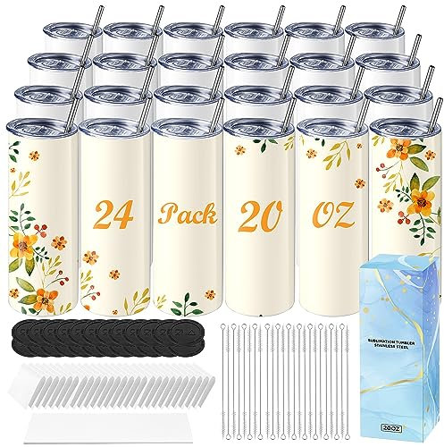 Hiipoo 24 Pack Sublimation Tumblers Blank 20 oz Straight Skinny with Sublimation Papers, Lids and Straws, Shrink Wrap Films, Stainless Steel Double Wall Insulated Tumbler for Mug Press Machine