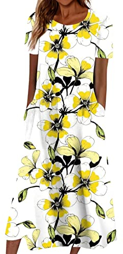 Midikleid Damen Sommer, Ballkleider Damen Lang Tunika Damen Sommer Strand Blumendruck Rundhals Kurzarm Midikleid Lässige Swing Lang Kleider Gürtel Für Kleider Damen Strandkleider (Yellow,XXL)
