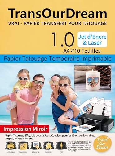 TransOurDream A4 x 10 Papier Transfert pour Tatouage Temporaire Transparent 1.0, impression jet d'encre&laser, DIY tatouage personnalisé lavable et décalcomanie sur bougie et verre, FR11-1.0-10