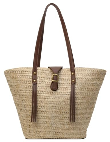 GSenhui Strohtasche Damen Flechttasche Stroh Handtasche Damen Groß Stroh Umhängetasche Sommer Shopper Korbtasche mit Hoch Leder Griff, Basttasche für Strand Reise Einkauf
