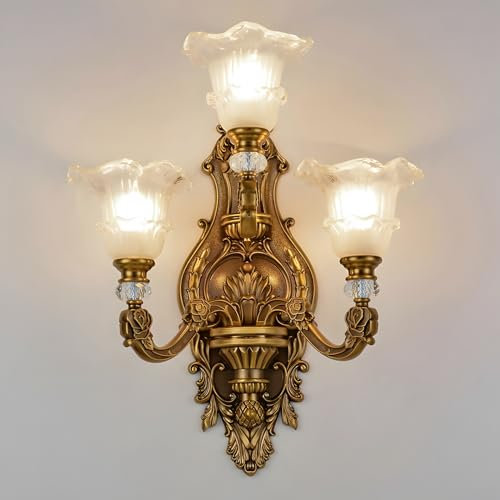 WayLuoung Vintage Floral Wandleuchte, 3 Kopf Kristallglasschirm Wandleuchte Retro-Goldene Bronzefarbe Dekoration Metall-Wandleuchte, Nachttisch Wohnzimmer Restaurant Treppen(E14 Sockel Ohne Glühbirne)
