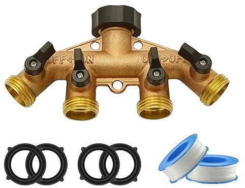 3/4(19mm) Brass 4 Way Heavy Duty Garden Water Hose Splitter, Hose Connector, Hose Spigot Adapter with 4 Valves
