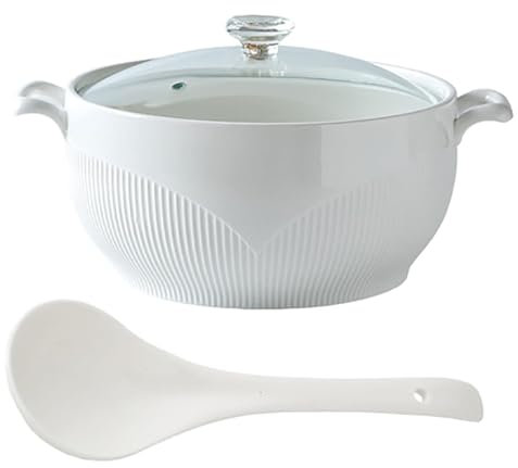 Olla for servir sopa de cerámica blanca, sopera grande con tapa de vidrio y cucharón, tazón for sopa con tapa decorativa de diamante, olla for sopa for restaurante y hogar(1500ml)