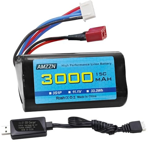 AMZZN 11.1V 3000mAh 15C 3S T-Plug Li-ion Battery with USB Charger for R608 2104 brushless RC Boat, 210E 200E Brushless Remote Control Car