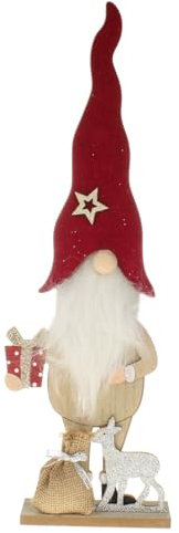 MACOSA HE67151 Weihnachtswichtel Holz Braun Rot Kunstfell Dekowichtel Dekofigur Figur Weihnachtsmann Wichtel modern Weinachten Dekoration Weihnachtsdeko