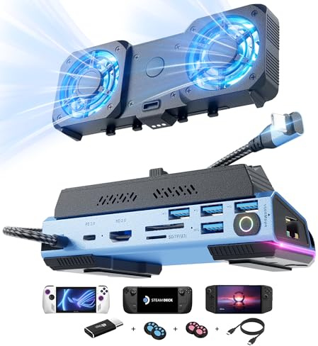 YCBUENO 13-in-1 USB-C Steam Deck Dock con ventole, 4K@60Hz e 40Gbps e 100W | Con Gigabit Ethernet, lettore di schede SD/TF, 4 porte USB-A e compatibile anche con Steam Deck, ROG Ally