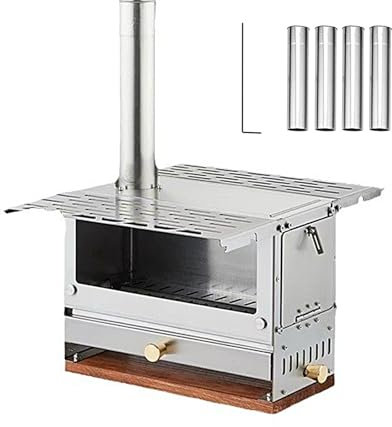301 Dicker Holzofen Outdoor aus Edelstahl, Tragbarer Zeltofen mit Feuerhaken und 4 Teiligem Rauchrohr, Campingofen für Zeltheizung, Outdoor Kochen und Warmwasser