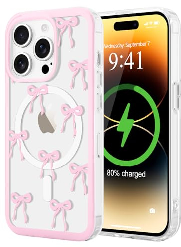 LCHULLE Cover per iPhone 14 Pro Magnetica Trasparente,Fiocco piccolo | Compatibile con MagSafe,Custodia con Motivo Fragole o Fiocchi a Farfalla per Ragazze e Donne,Protettiva Silicone Case